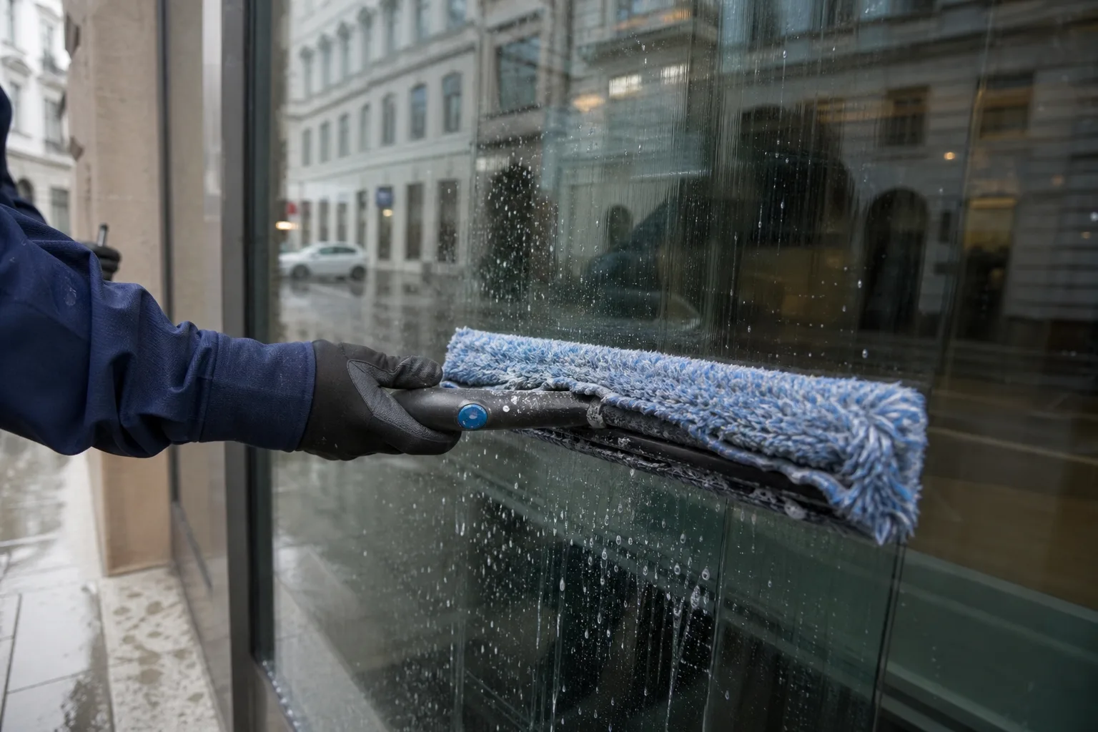 Fensterreinigung Wien – nasse Glasreinigung außen Fensterreinigung Wien: nasse Vorreinigung der Glasfläche mit Profi-Pad am Bürofenster